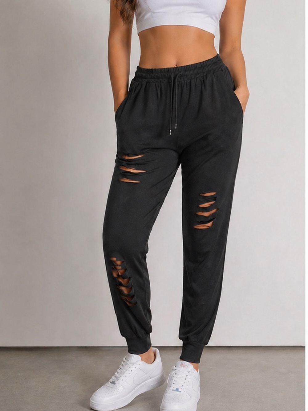 Black Distressed Jogger Sweatpants Size Large Stretch Athlesure